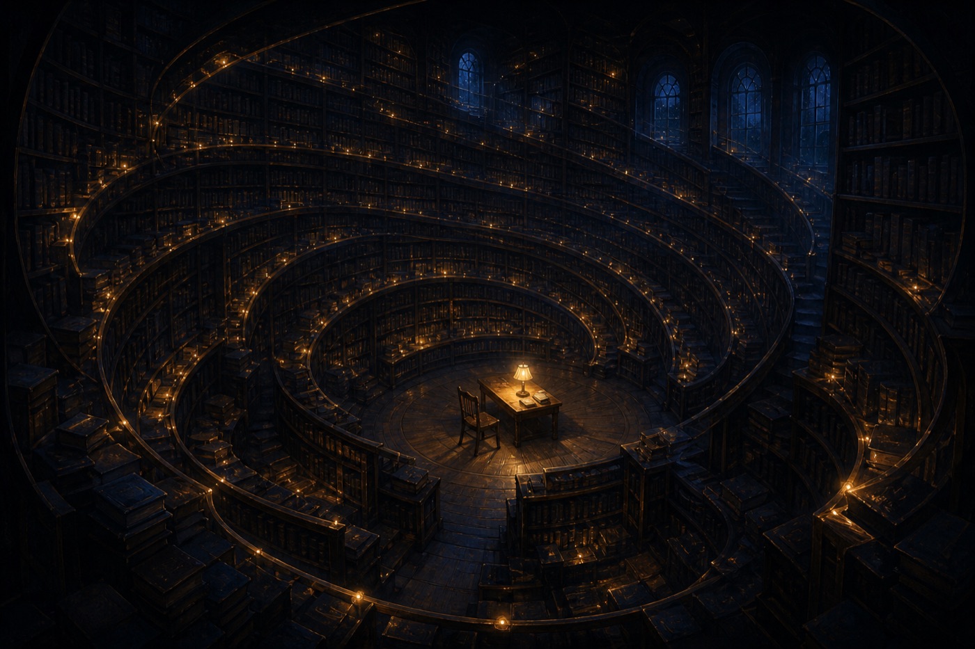 Painting of an immense dark library amphitheater swirling with hundreds of small amber lights, gothic windows glowing blue above, a single desk and chair lit at the vortex's center.