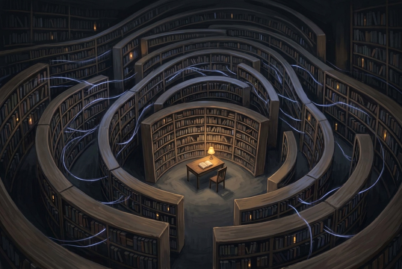 Painting of a vast night library seen from above, shelves curving like a fingerprint whorl around a small lit reading desk, silvery threads of light drifting between the shelves.